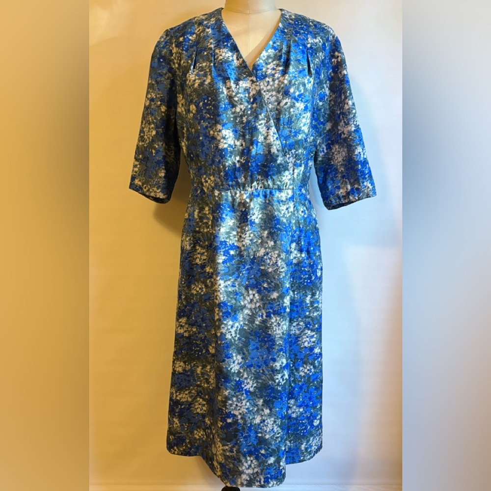 Vintage A Mendel Creation Blue, White Floral  Dress Union 50s Mad Men Medium